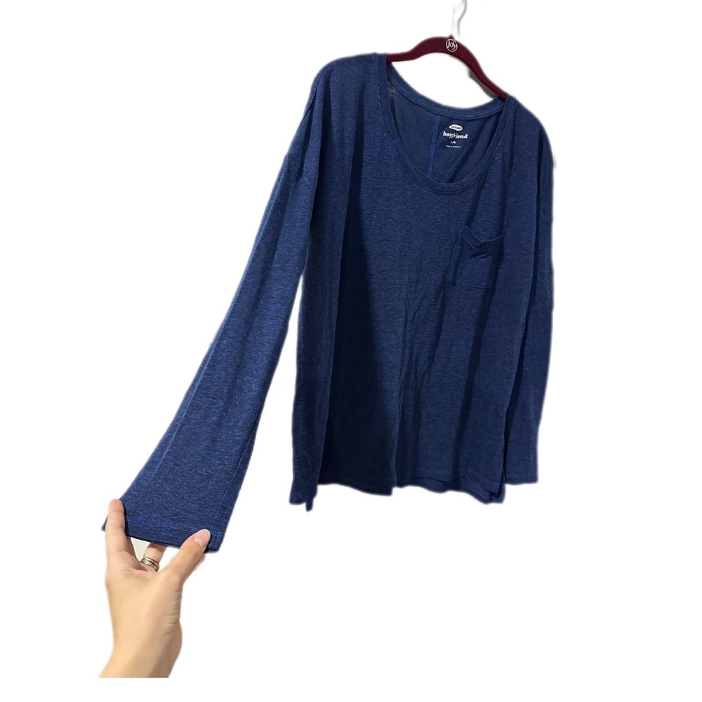 Old Navy Women's Boyfriend Navy Long Sleeve Linen Blend Pocket Tee
